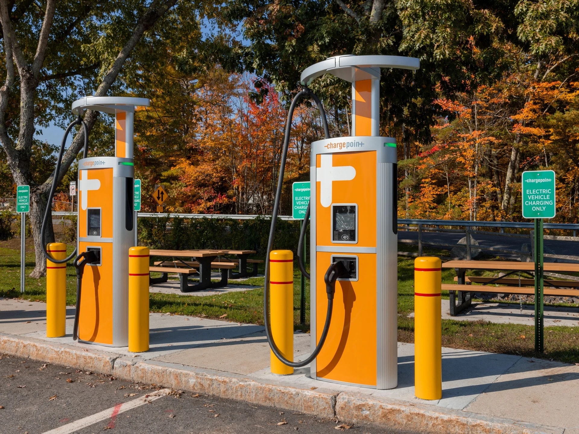 Two ChargePoint EV charging stations in an outdoor parking area