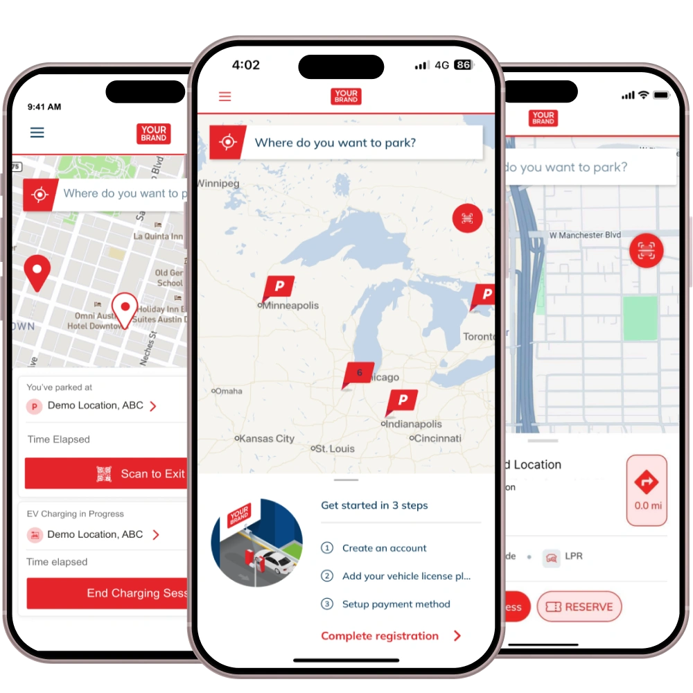 Get My Parking branded mobile app example showing parking locations and sessions